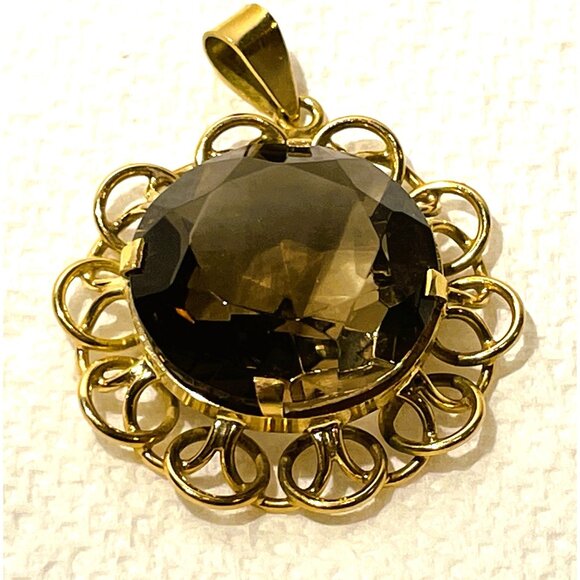 Vintage Italian 18K Gold Pendant With 19mm Smoky Quartz Stone - Picture 5 of 14